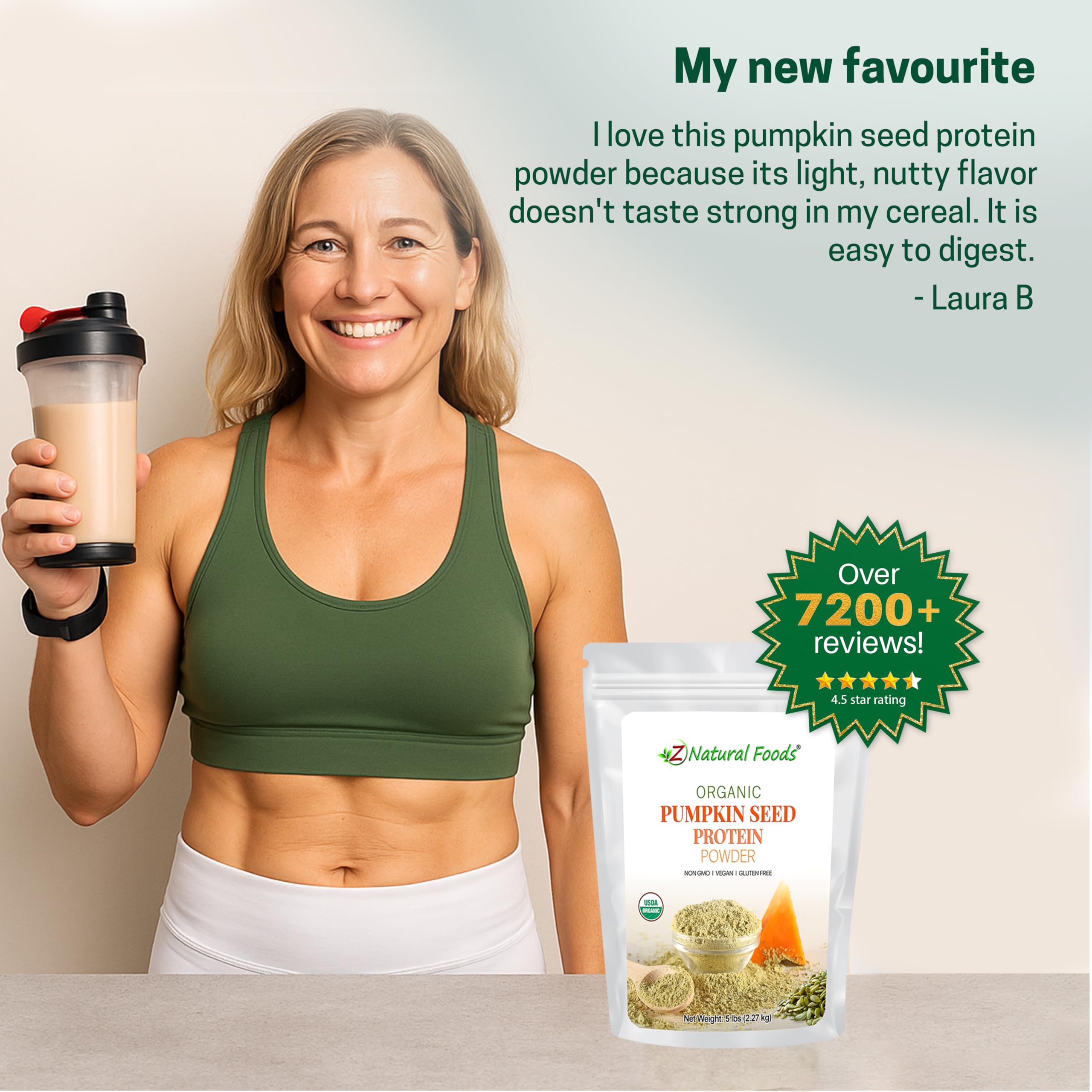 Z Natural Foods pumpkin seed protein powder with scoop and label close-up
