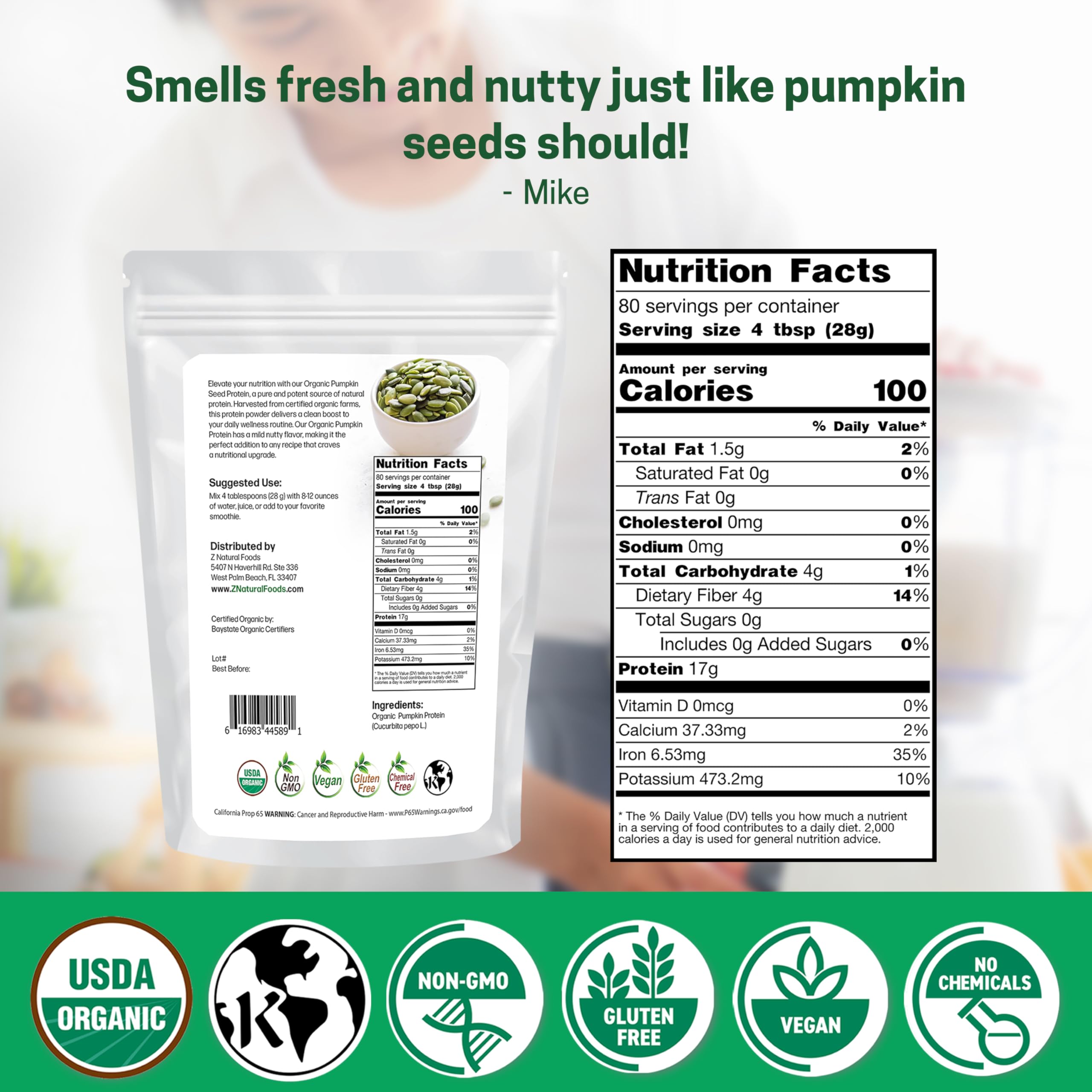 Z Natural Foods pumpkin seed protein powder scoop with measuring spoon for easy daily use