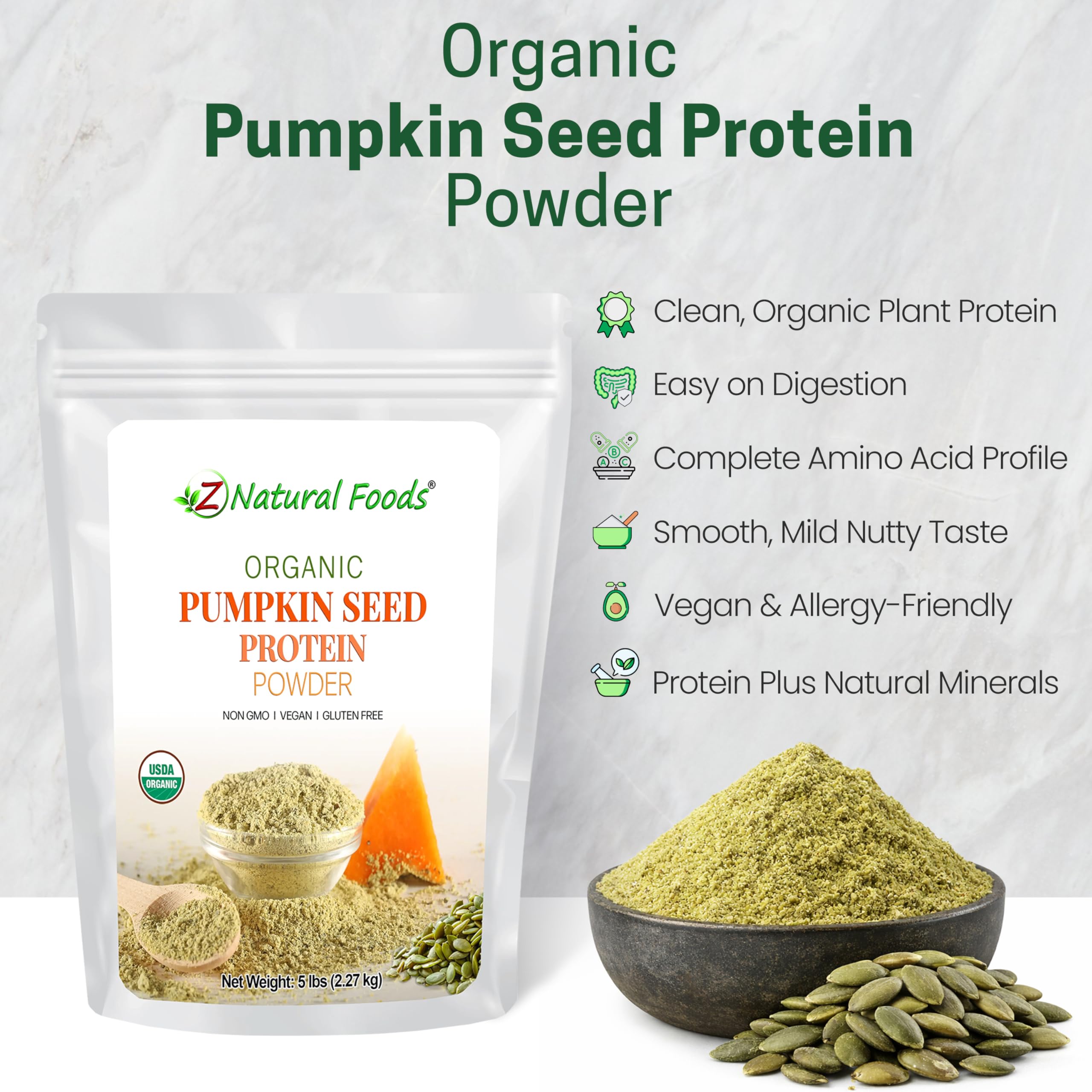 Z Natural Foods pumpkin seed protein powder blended into a smoothie with creamy texture