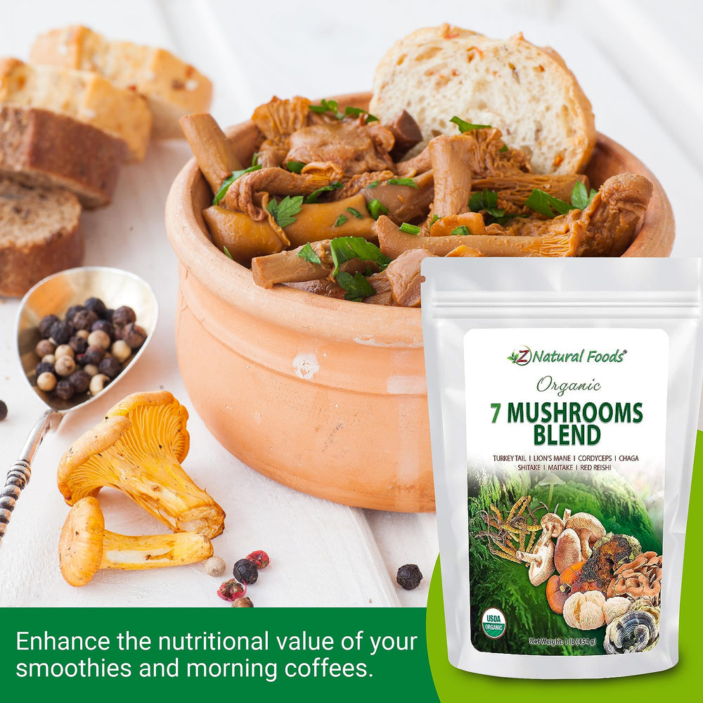 Label close up of Z Natural Foods Sacred 7 organic mushroom blend