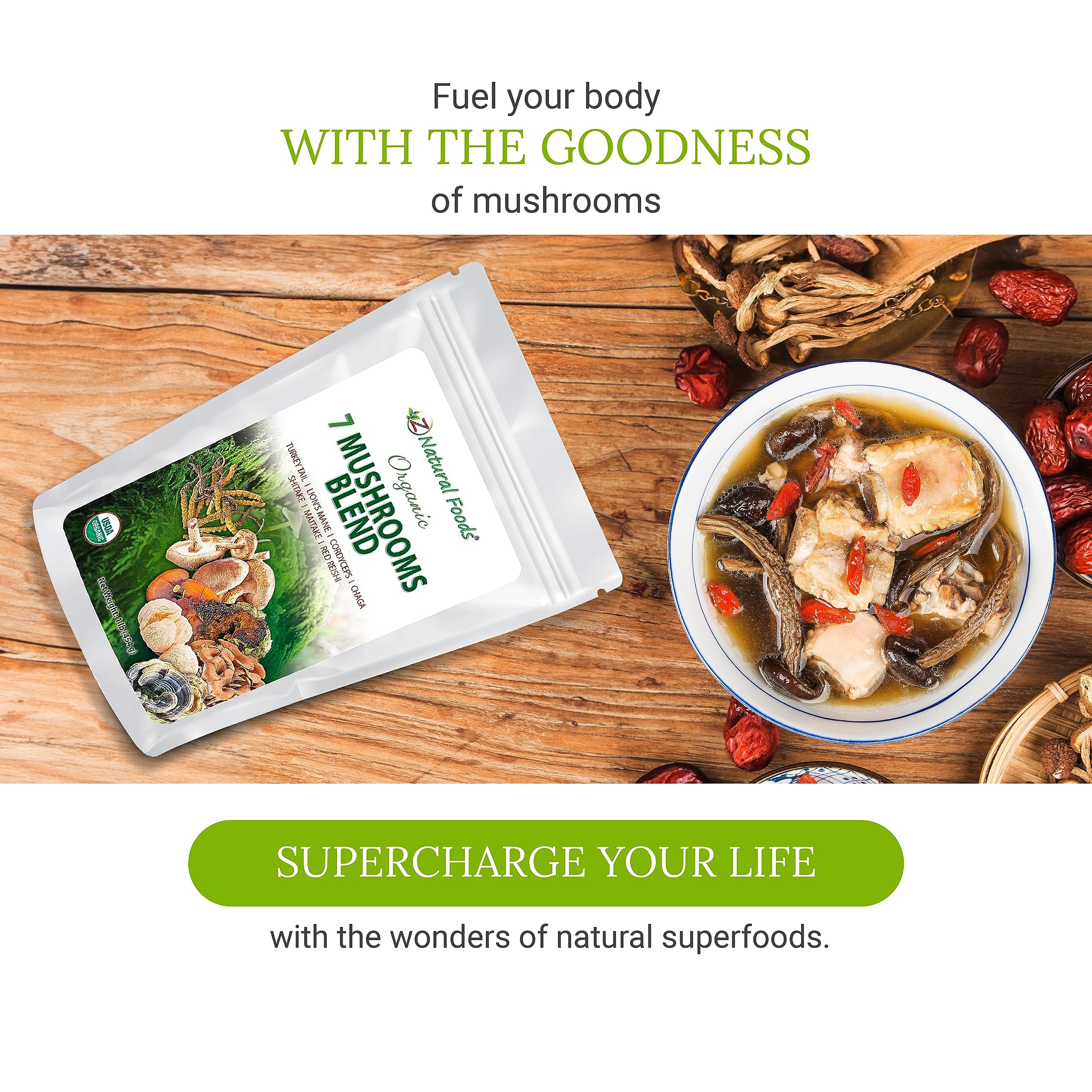 Sacred 7 mushroom powder ready to stir into smoothies by Z Natural Foods