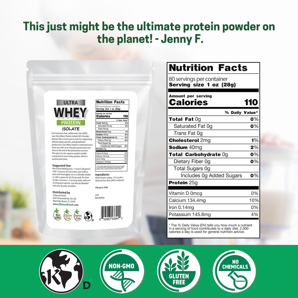 Close-up of Z Natural Foods Ultra Whey Isolate bottle showing pure ingredients