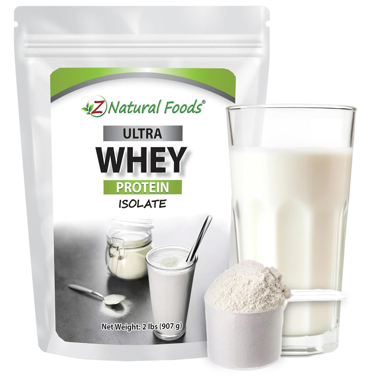 Z Natural Foods Ultra Whey Protein Isolate bottle highlights pure, unflavored powder for post-workout recovery.