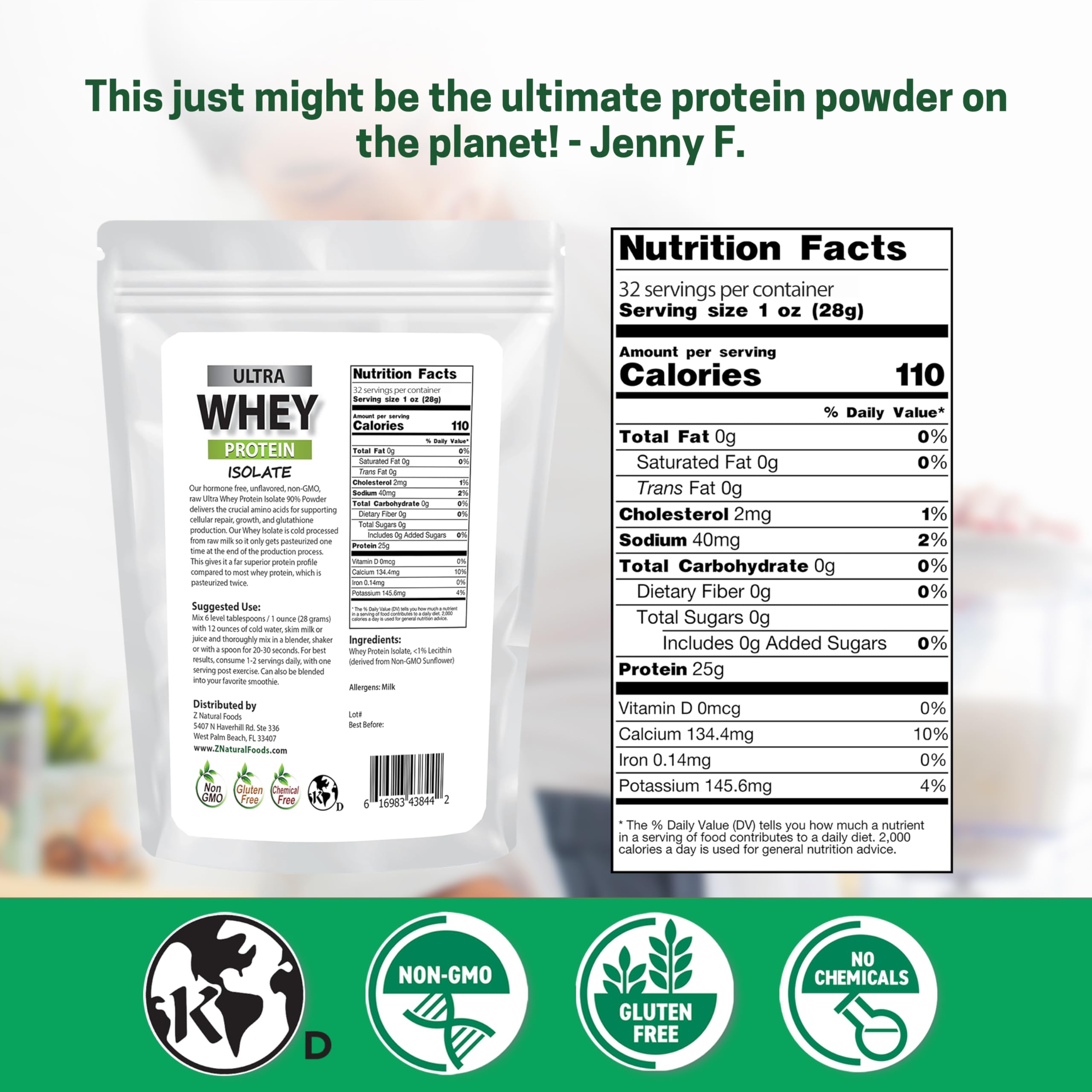 Z Natural Foods Ultra Whey Protein Isolate powder can blend smoothly into shakes without altering taste.