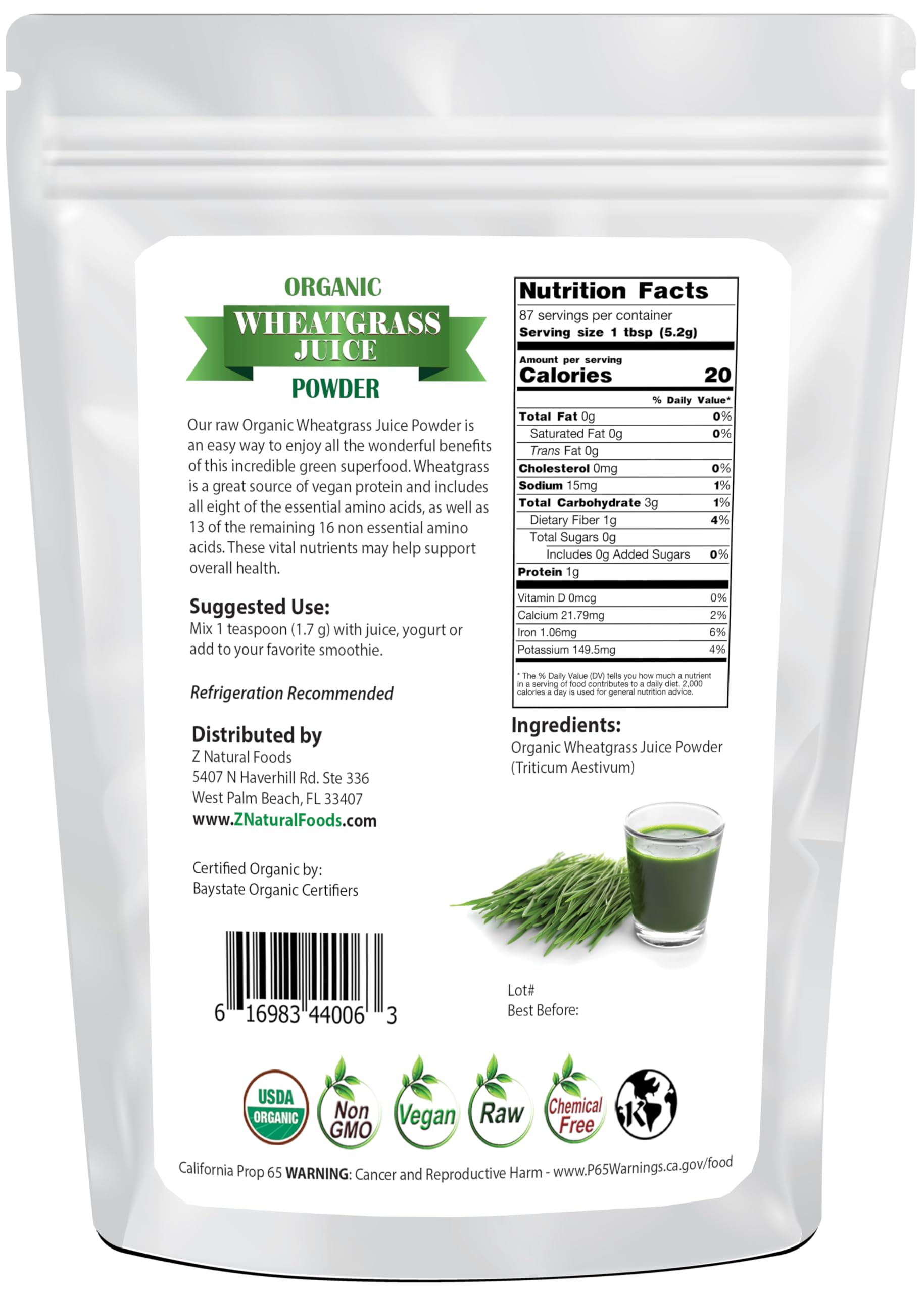 Z Natural Foods wheat grass powder scoop, convenient for quick mix into juices.