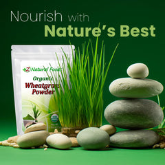 Z Natural Foods wheatgrass powder with scoop beside blender for smoothies