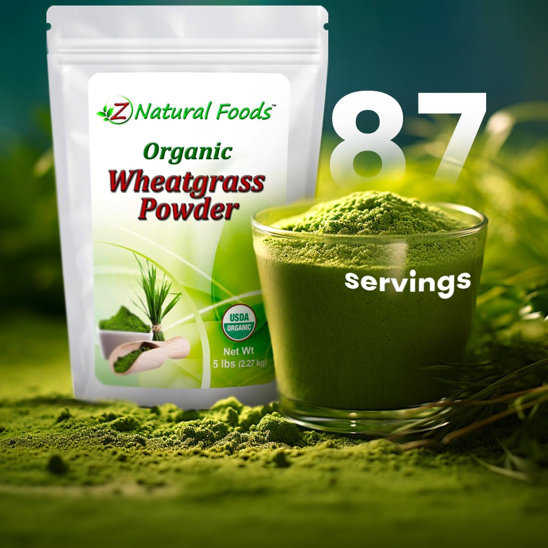 Z Natural Foods wheatgrass powder on a cutting board with fresh greens