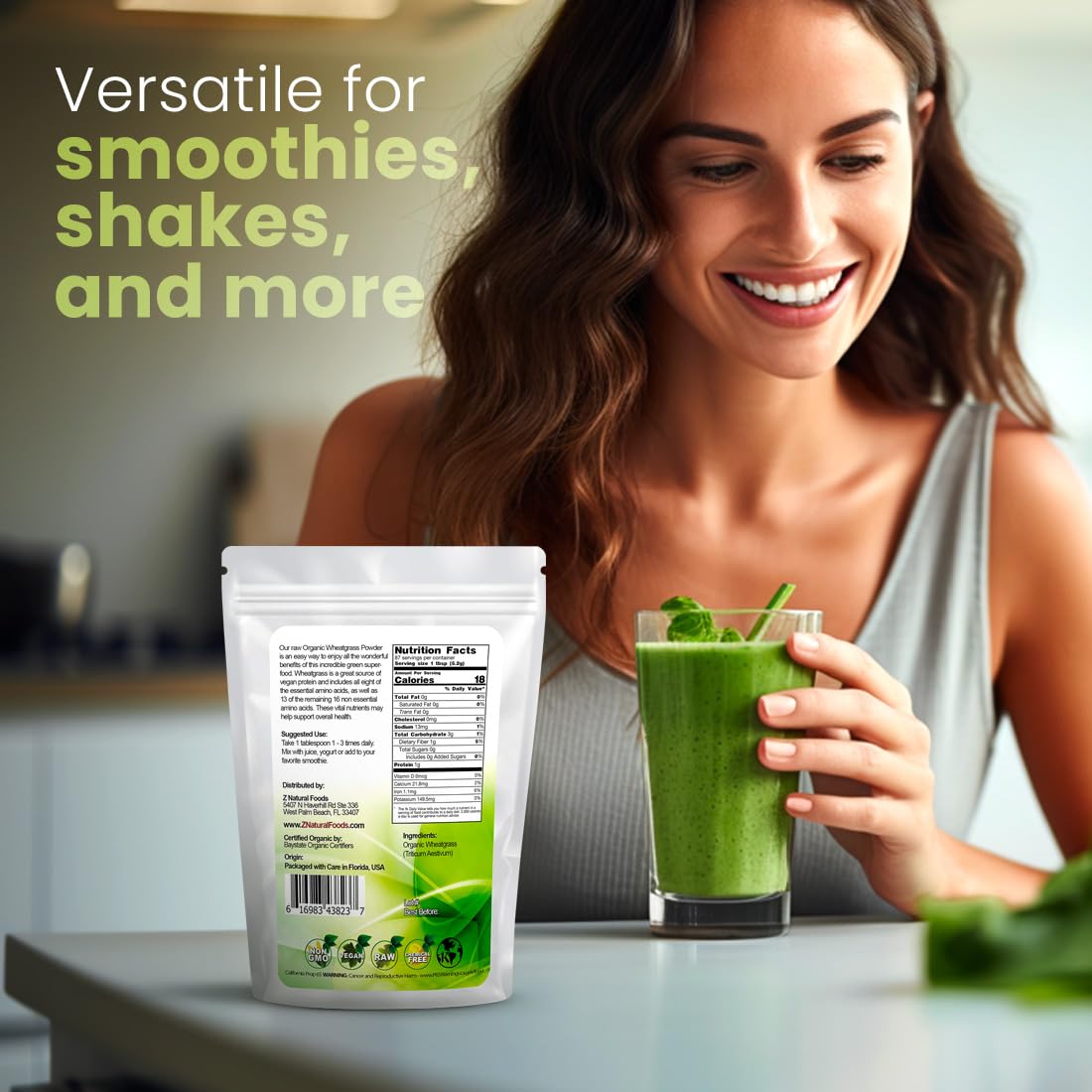 Z Natural Foods wheatgrass powder ingredients panel and certifications