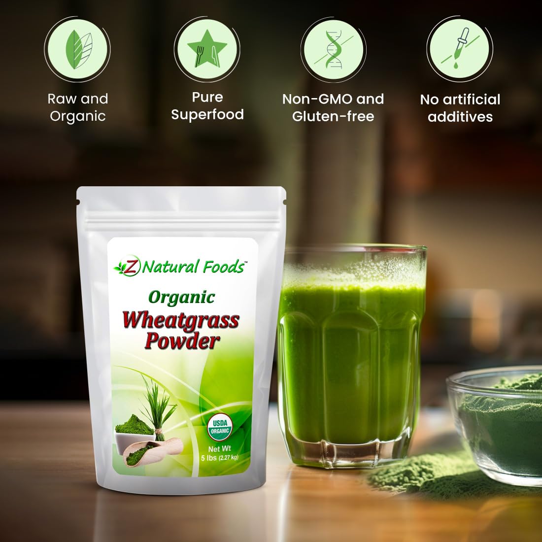 Z Natural Foods wheatgrass powder label closeup showing organic and non-GMO