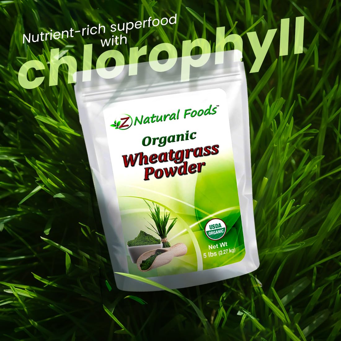 Z Natural Foods wheatgrass powder stirred into a smoothie bowl