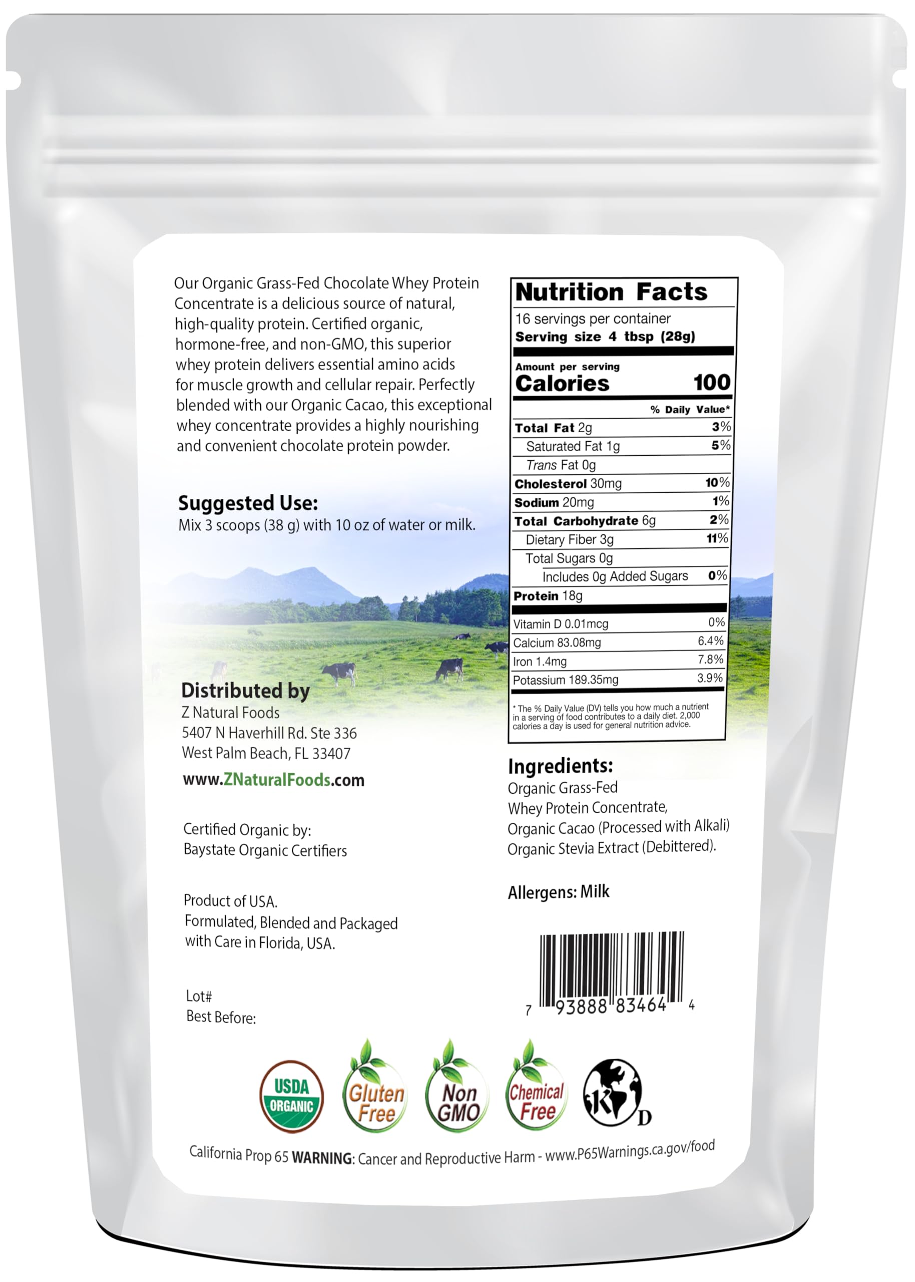 Z Natural Foods whey protein concentrate cup highlighting clean, gluten-free formulation