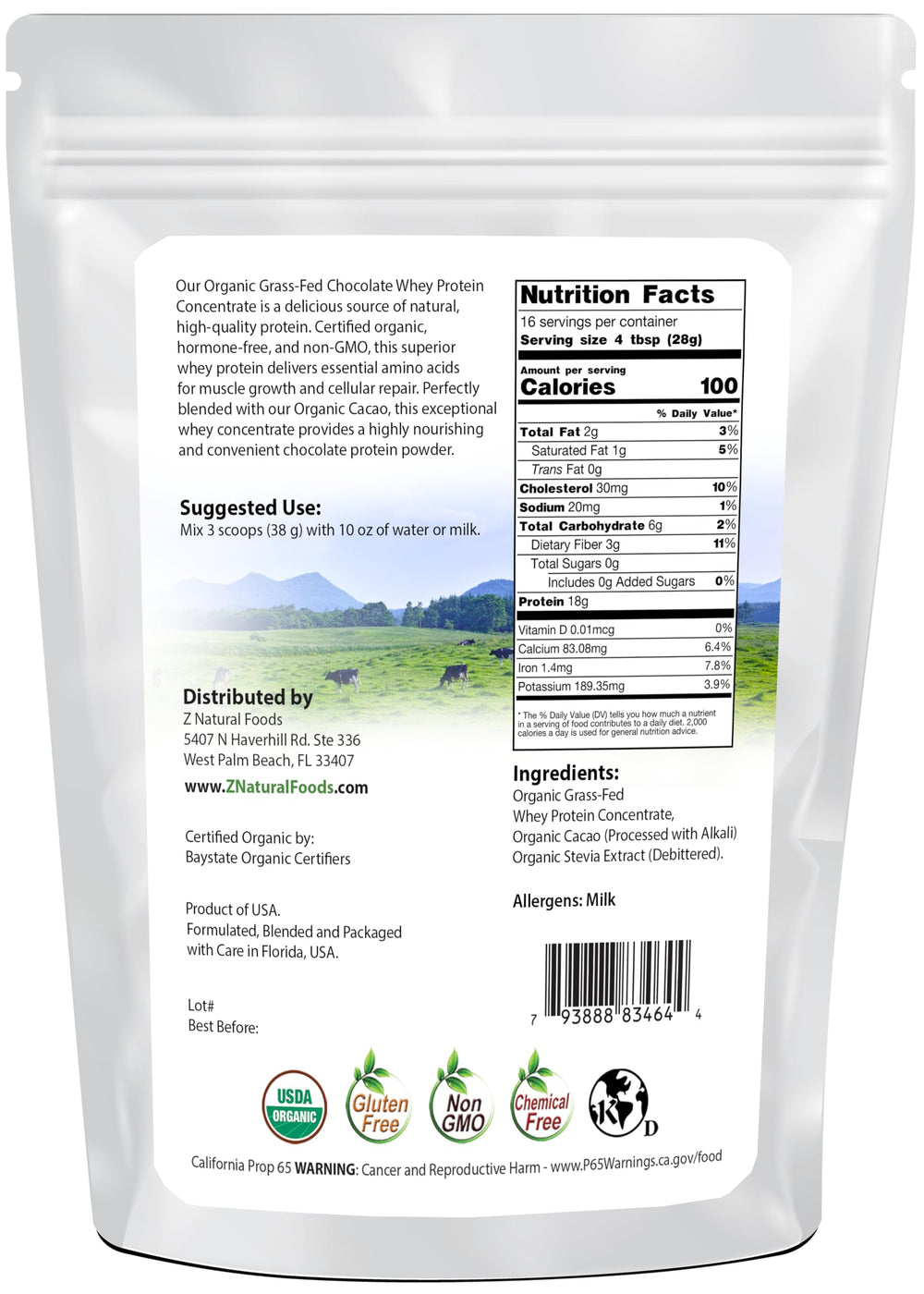 Z Natural Foods whey protein concentrate cup highlighting clean, gluten-free formulation