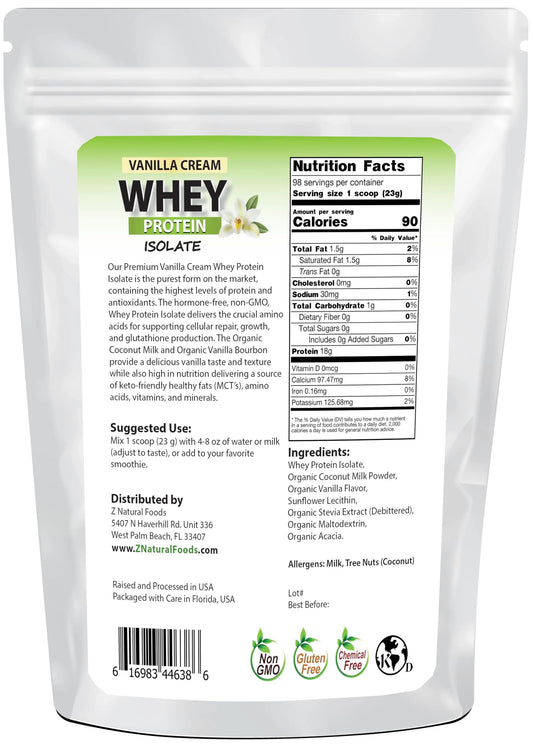 Z Natural Foods vanilla whey powder for easy mixing in beverages.