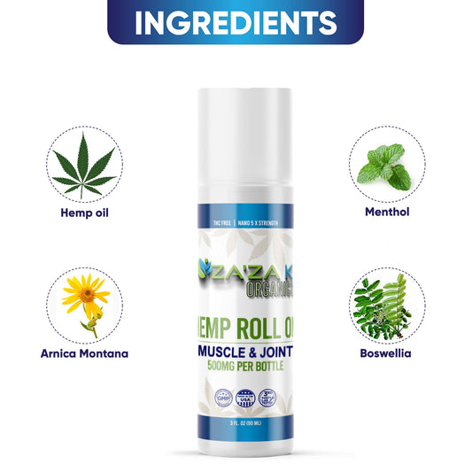 ZA'ZA K ORGANICS hemp relief roll-on label highlights USA-made quality