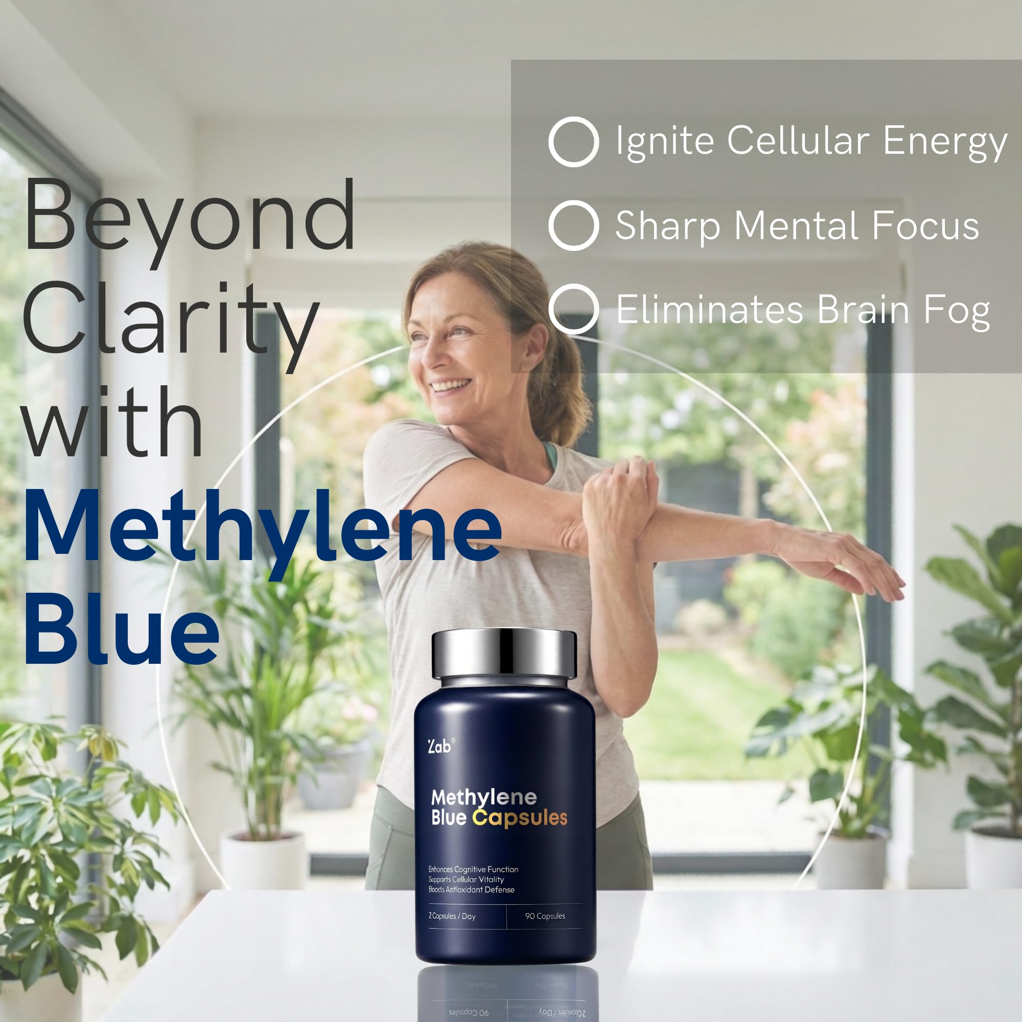 Close-up of ZAB Methylene Blue capsules highlighting consistent dosing and vegetarian formula.