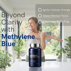 Close-up of ZAB Methylene Blue capsules highlighting consistent dosing and vegetarian formula.