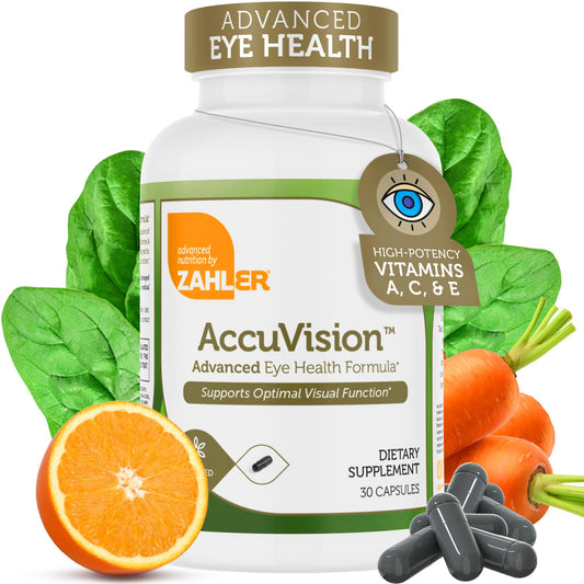 Zahler AccuVision bottle with capsules for daily eye health support.
