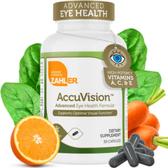 Zahler AccuVision bottle with capsules for daily eye health support.