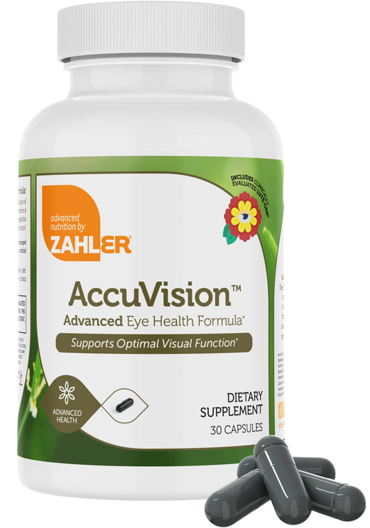 Close-up of Zahler AccuVision capsules highlighting easy daily dosage.