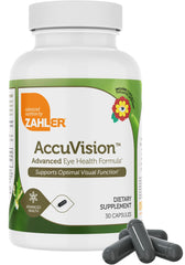 Close-up of Zahler AccuVision capsules highlighting easy daily dosage.