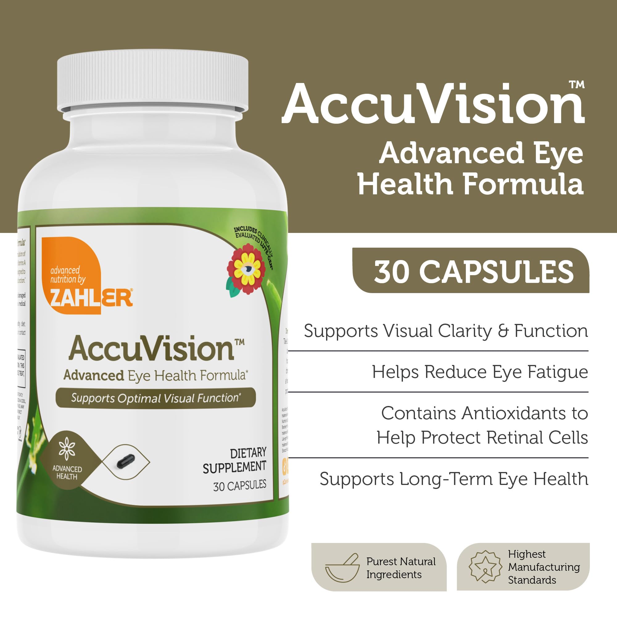 Zahler AccuVision ingredients list highlights vitamins and minerals for visual support.