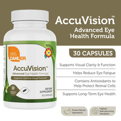 Zahler AccuVision ingredients list highlights vitamins and minerals for visual support.
