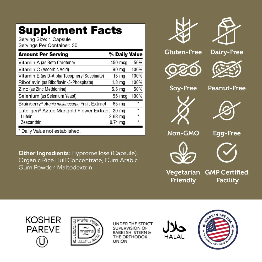 AccuVision label packaging shows ingredients and kosher pareve certification.