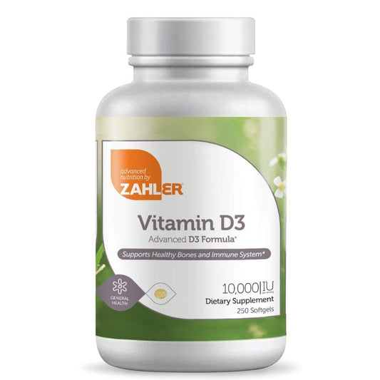 Zahler Advanced Vitamin D3 softgels bottle showing high-potency formula for immune and bone support