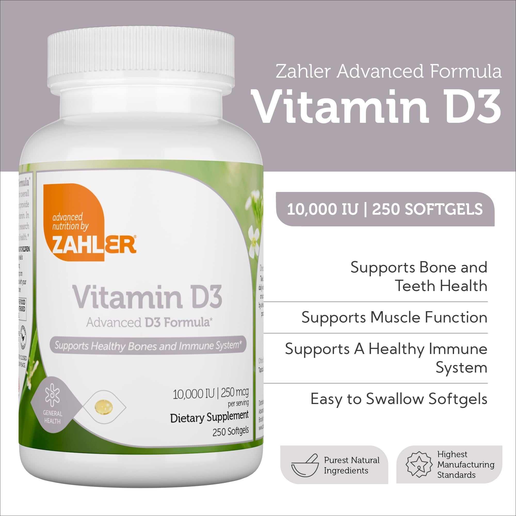 Zahler Advanced Vitamin D3 softgels kosher certification icon on packaging