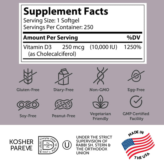 Zahler Advanced Vitamin D3 softgels closeup label highlighting dosage and kosher vegetarian status