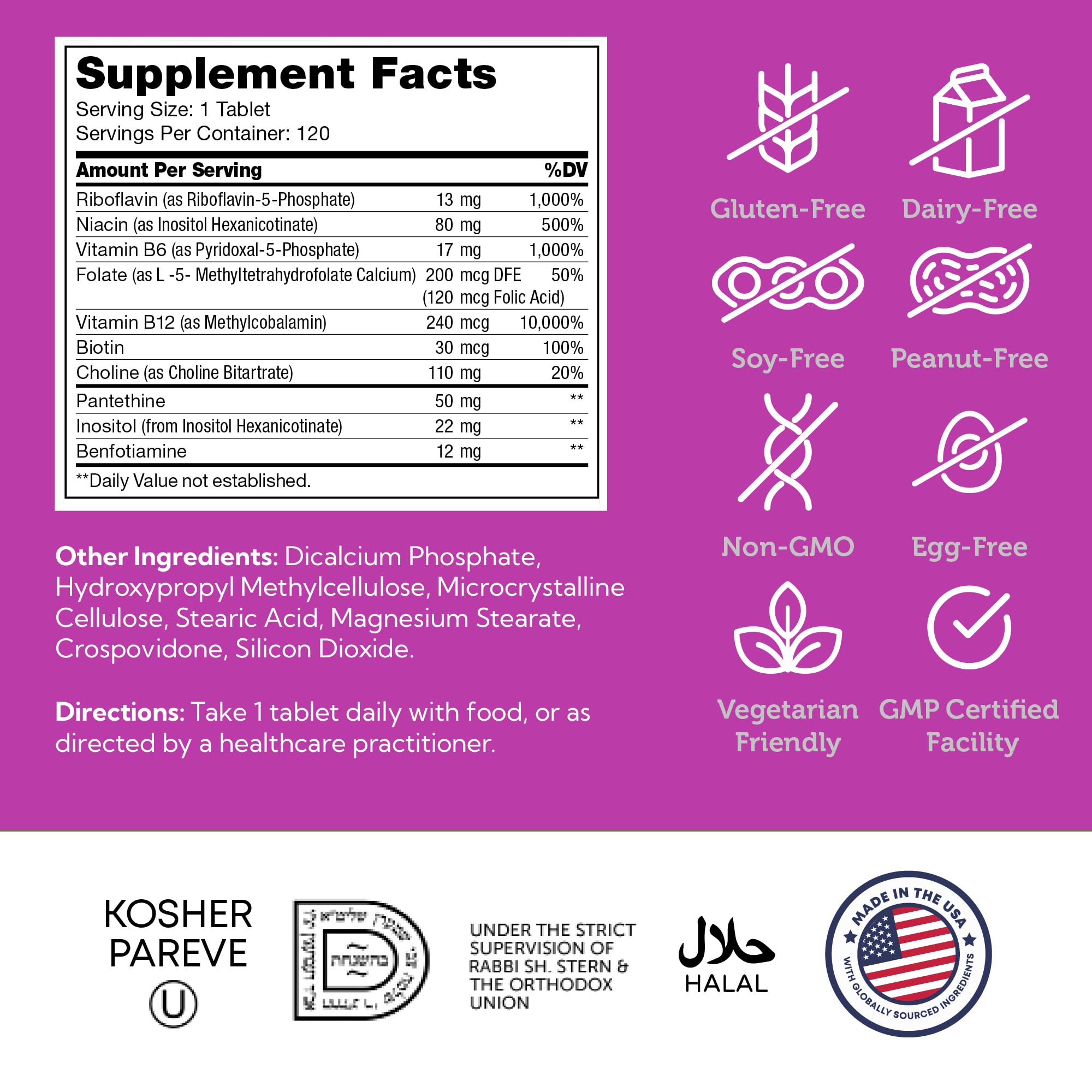 Zahler B-Complex ingredient icons highlight vitamin variety and nutrient balance.