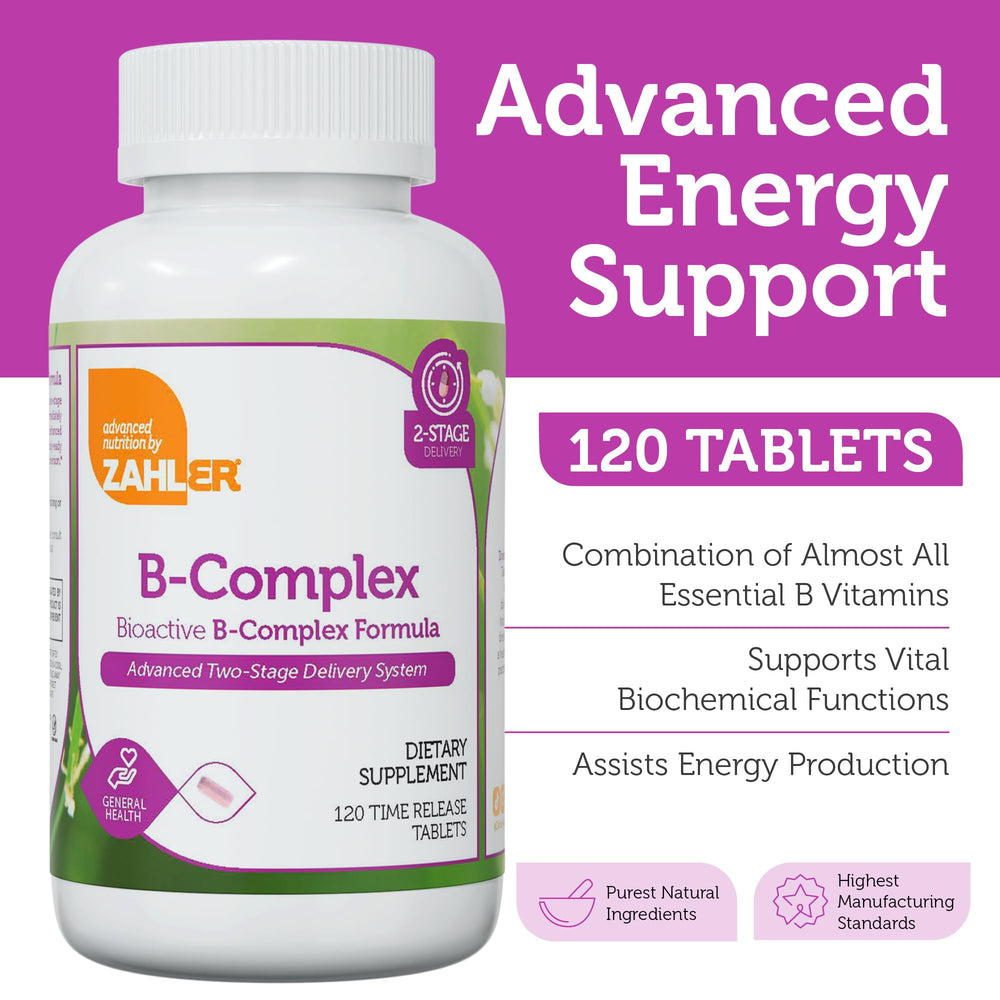 Zahler B-Complex tablets closeup highlights bioactive vitamins for improved metabolism.