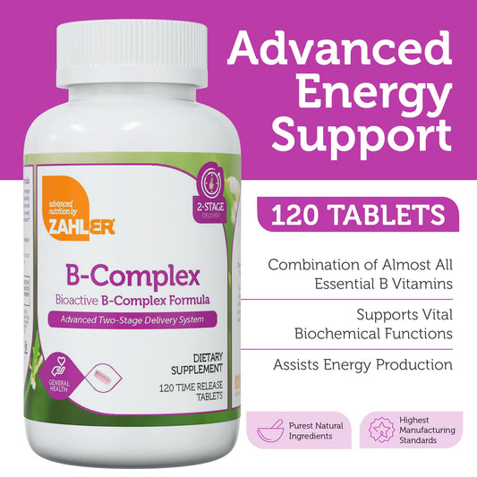 Zahler B-Complex tablets closeup highlights bioactive vitamins for improved metabolism.