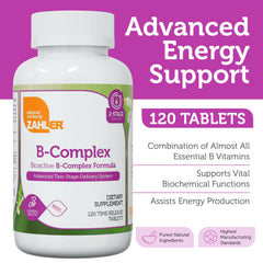 Zahler B-Complex tablets closeup highlights bioactive vitamins for improved metabolism.