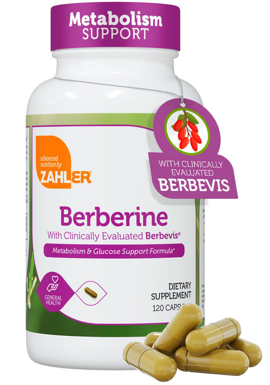 Zahler Berberine Berbevis bottle shown for metabolism support and daily dosing.