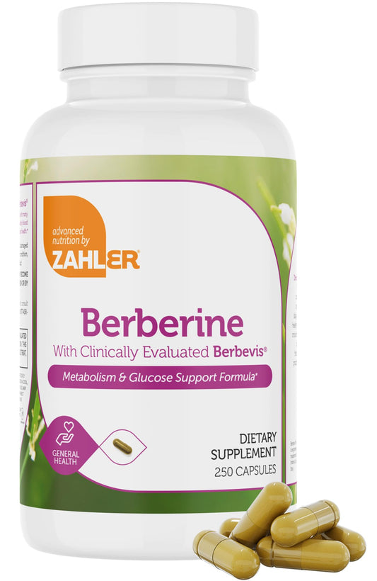 Zahler Berberine capsules closeup shows uniform capsules for reliable daily dosing.
