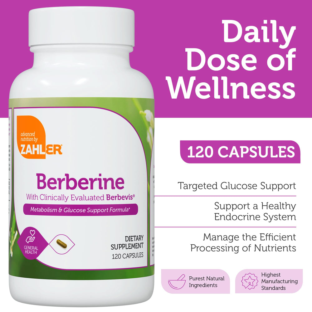 Zahler Berberine HCl capsules shown for glucose support and easy daily use.