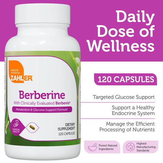 Zahler Berberine HCl capsules shown for glucose support and easy daily use.