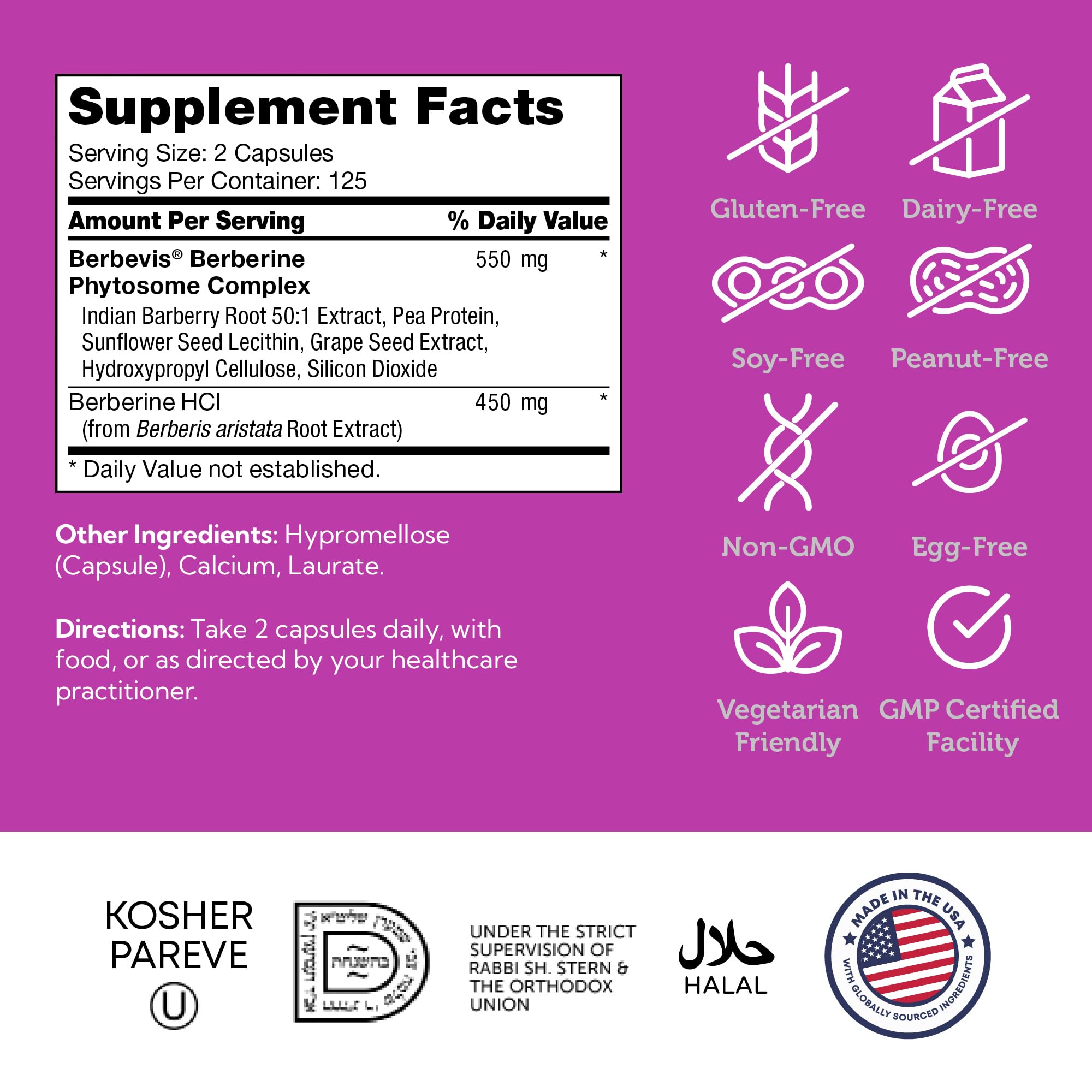 Zahler Berberine packaging box highlights vegetarian and kosher certification.