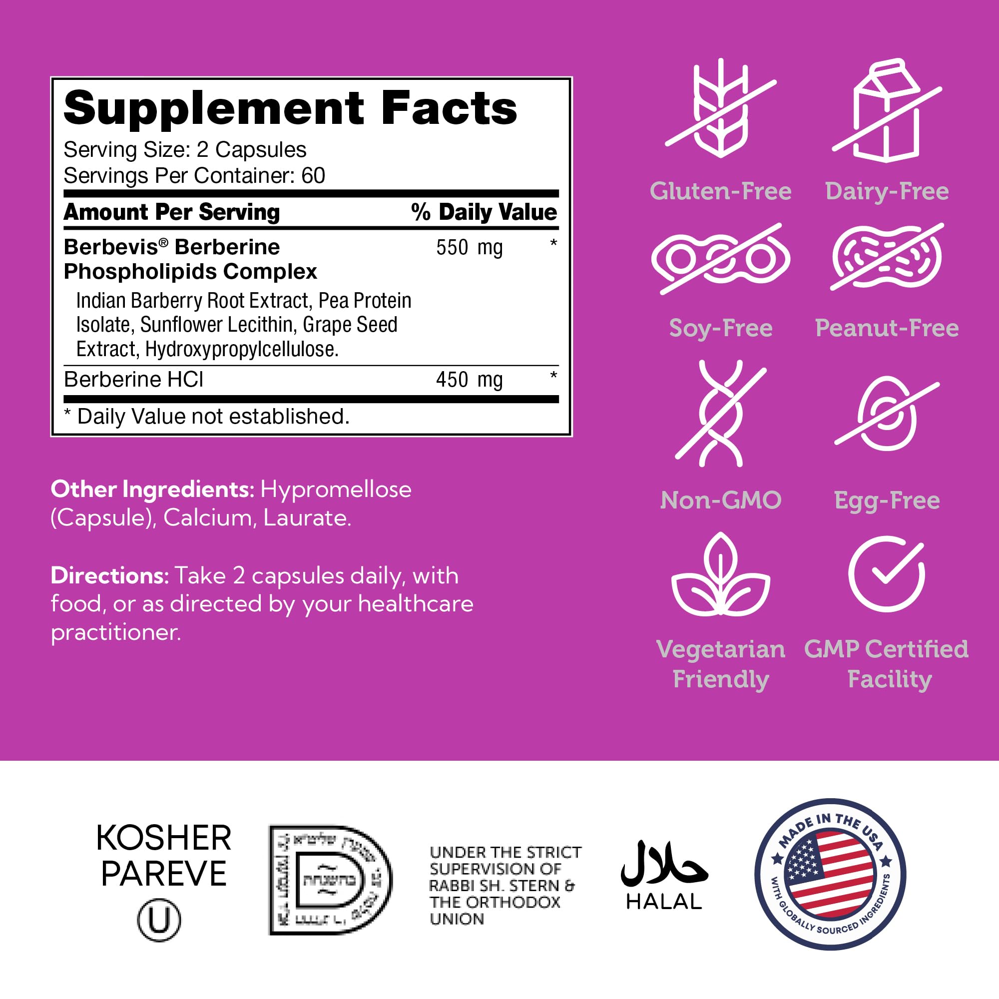 Zahler Berberine bottle emphasizes vegetarian and kosher ingredients.
