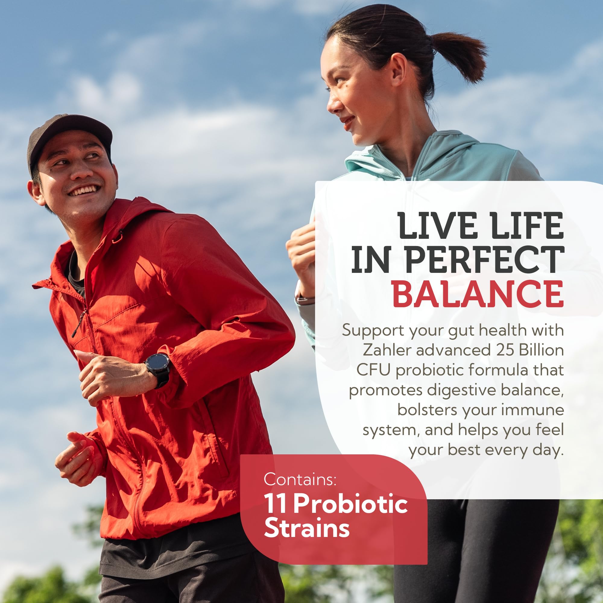 Zahler BioDophilus25 panel shows 11 probiotic strains and prebiotics for gut balance