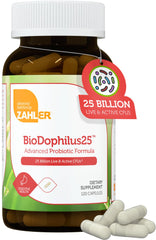 Zahler BioDophilus25 bottle closeup highlighting 25B CFU potency for daily digestive support