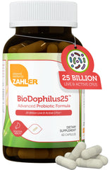 Zahler BioDophilus25 bottle label highlighting 25 billion CFU and 11 probiotic strains for daily balance