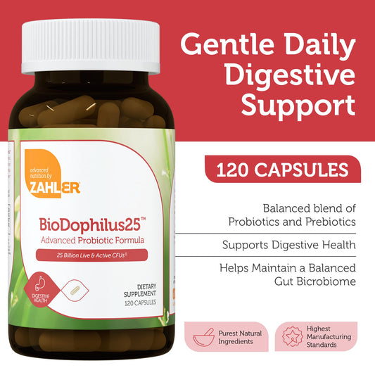 Zahler BioDophilus25 capsules laid out for easy daily dosing and gut health