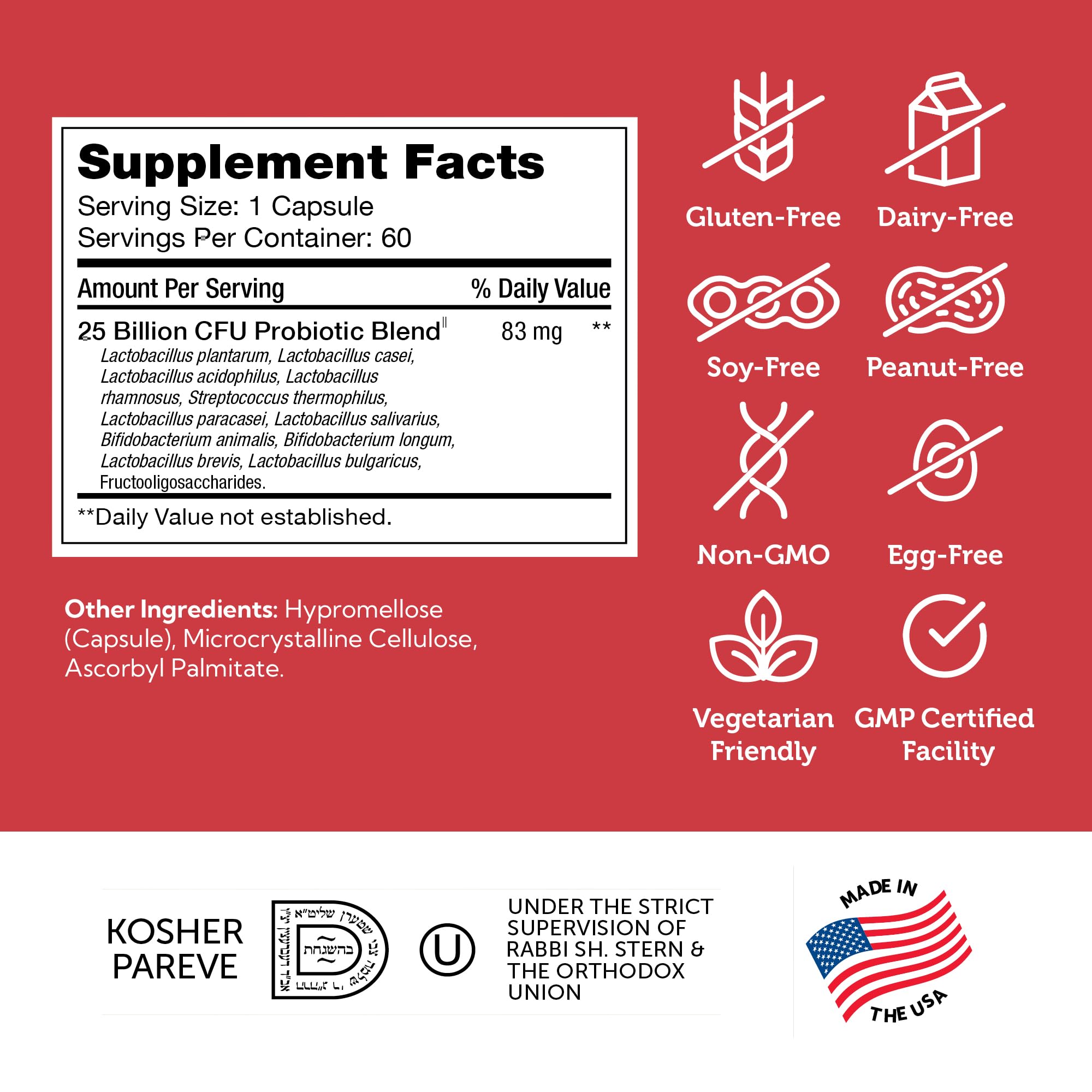 Zahler BioDophilus25 ingredients panel features 11 strains and prebiotic FOS