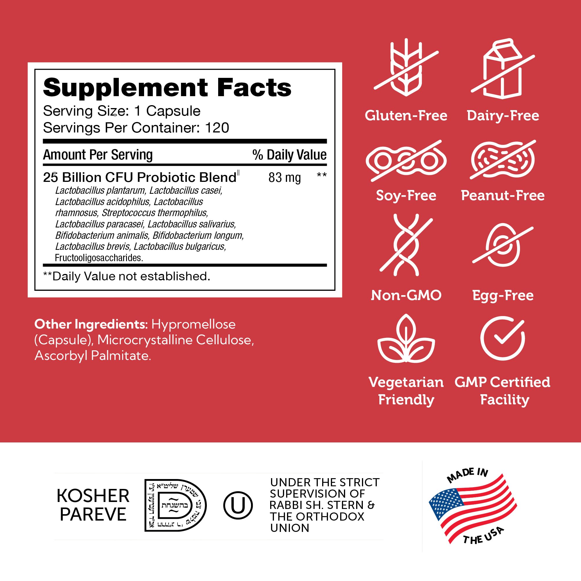 Zahler BioDophilus25 label confirms kosher, non-GMO, and gluten-free certifications