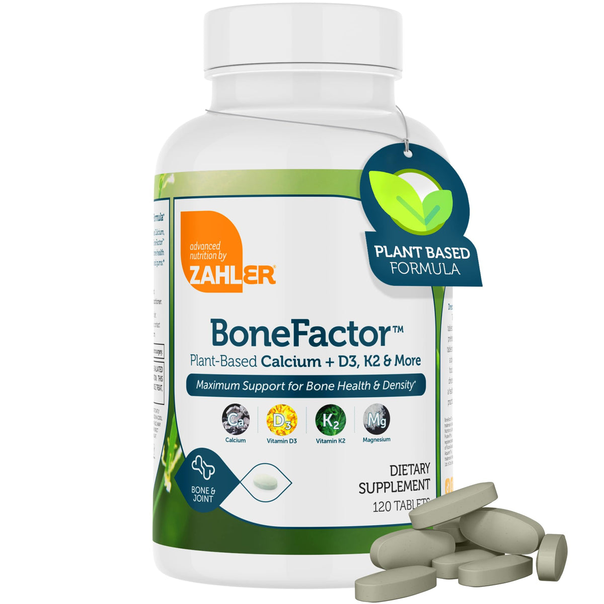Zahler BoneFactor bottle label closeup showing calcium and vitamin blend for bone support.