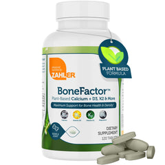 Zahler BoneFactor bottle label closeup showing calcium and vitamin blend for bone support.