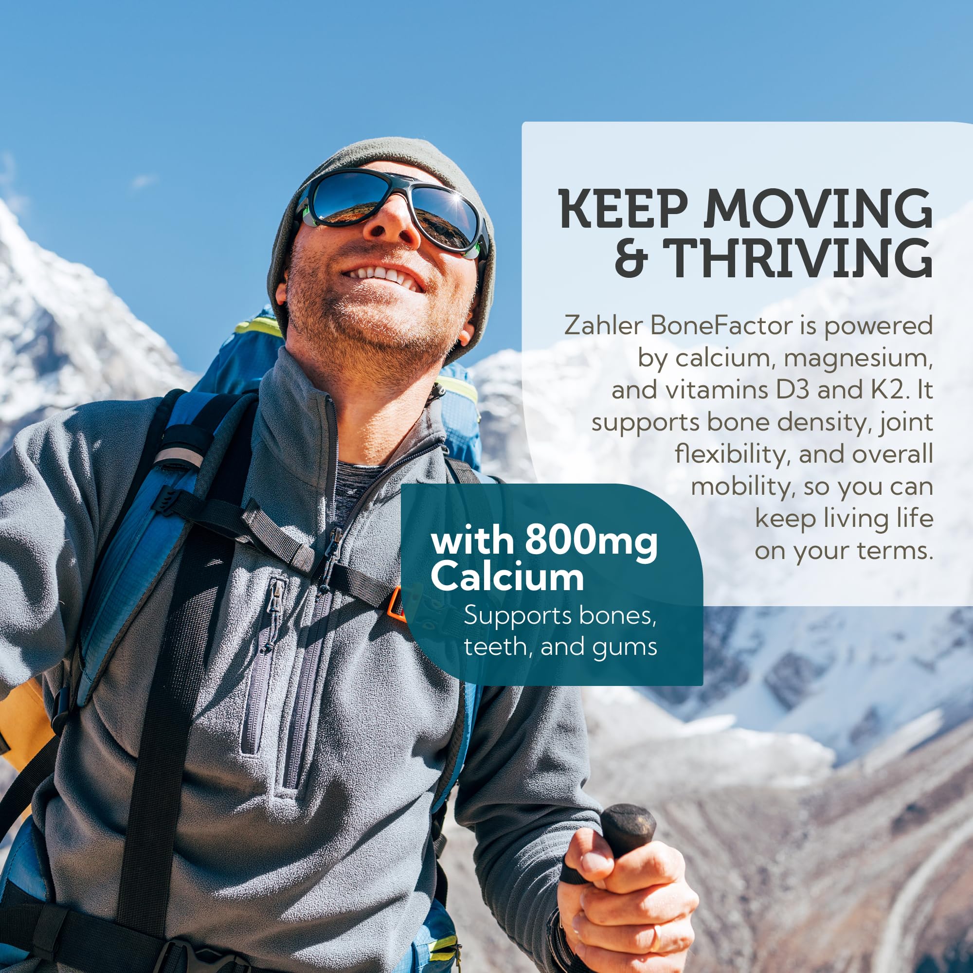 Zahler BoneFactor bottle cap top view emphasizing D3, K2 and magnesium synergy.