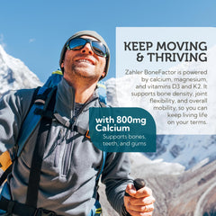 Zahler BoneFactor bottle cap top view emphasizing D3, K2 and magnesium synergy.